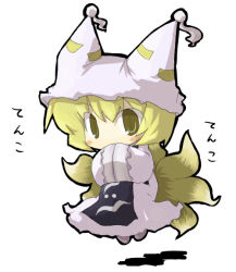 Rule 34 | 1girl, animal hat, blonde hair, chibi, female focus, floating, fox tail, hands in opposite sleeves, hat, long sleeves, looking at viewer, mob cap, multiple tails, sasane, short hair, simple background, solo, tabard, tail, tassel, text focus, touhou, white background, wide sleeves, yakumo ran, yellow eyes
