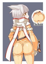 Rule 34 | 1girl, animal ears, ass, belt, blush, bodysuit, cat ears, cougar (cougar1404), facial mark, from behind, gloves, huge ass, looking back, nia (xenoblade), nintendo, orange eyes, scarf, shiny clothes, short hair, silver hair, skin tight, solo, wedgie, xenoblade chronicles (series), xenoblade chronicles 2, yellow bodysuit
