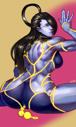 Rule 34 | 1girl, anal, anal beads, anal object insertion, anus, ass, back, bare back, black hair, bodypaint, capcom, female seth (street fighter), hair over one eye, hair pulled back, halo, highres, lips, long hair, looking back, metal skin, muscular, muscular female, neon trim, nose, object insertion, painted clothes, sex toy, solo, split, spread legs, street fighter, street fighter v, thick thighs, thighs, uncensored, xxx1320, yellow eyes