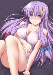 Rule 34 | 1girl, bare shoulders, bed, blue bow, blush, bow, breasts, cleavage, collarbone, commentary request, crescent, crescent hair ornament, hair bow, hair ornament, highres, knees up, large breasts, long hair, looking at viewer, lying, messy hair, no headwear, no headwear, no pants, nori tamago, patchouli knowledge, purple eyes, purple hair, red bow, sideboob, solo, sweat, tank top, thighs, touhou, very long hair
