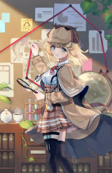 Rule 34 | 1girl, :d, alpaca carlesi, black thighhighs, blonde hair, blue eyes, breasts, brown skirt, bubba (watson amelia), bulletin board, closed mouth, collared shirt, desk, from side, gawr gura, globe, hair ornament, high-waist skirt, highres, hololive, hololive english, looking at viewer, medium breasts, medium hair, necktie, open mouth, plaid, plaid skirt, red necktie, shirt, short sleeves, skirt, smile, solo, stethoscope, test tube, thigh strap, thighhighs, virtual youtuber, watson amelia, white shirt
