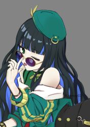 Rule 34 | 1girl, absurdres, adjusting eyewear, bare shoulders, beret, blue-tinted eyewear, bracelet, colored inner hair, fate/grand order, fate (series), green hat, green jacket, hat, highres, jacket, jewelry, looking over eyewear, multicolored hair, neck ring, o-ring, one eye closed, round eyewear, simple background, solo, sunglasses, tenochtitlan (fate), tenochtitlan (second ascension) (fate), tinted eyewear, tongue, tongue out, user zycs2227, wavy hair, zipper