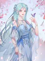 Rule 34 | 1girl, absurdres, arm up, bare shoulders, blue dress, blue eyes, bracelet, braid, braided hair rings, bug, butterfly, cherry blossoms, circlet, closed mouth, detached sleeves, douluo dalu, dress, flower, hair flower, hair ornament, hair rings, highres, insect, jewelry, necklace, qing xiari yan, sash, second-party source, see-through, see-through sleeves, solo, tang wutong (douluo dalu), twin braids, upper body