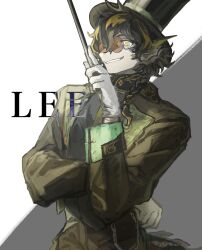 Rule 34 | 1boy, arknights, character name, commentary, crossed arms, fins, gloves, green hat, green jacket, grey background, grin, hat, head fins, highres, holding baton, jacket, lee (arknights), lee (trust your eyes) (arknights), looking at viewer, looking down, male focus, muzzle, nanataru10, official alternate costume, smile, solo, sunglasses, tinted eyewear, top hat, two-tone background, upper body, white background, white gloves