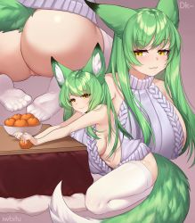 Rule 34 | 1girl, :3, absurdres, alinafoxglove, animal ear fluff, animal ears, ass, blush, breasts, cleft of venus, closed mouth, collaboration, commission, fox ears, fox girl, fox tail, green hair, grey sweater, highres, iwbitu, kotatsu, large breasts, long hair, looking at viewer, meme attire, multiple views, original, pussy, seiza, sideboob, sitting, smile, sweater, table, tail, thighhighs, virgin killer sweater, white thighhighs, yellow eyes