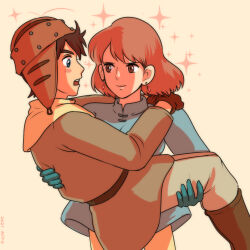 Rule 34 | 1boy, 1girl, artist name, asbel (nausicaa), belt, blue eyes, blue gloves, blue shirt, blush stickers, boots, brown eyes, brown footwear, brown gloves, brown hair, brown shirt, carrying, commentary, dated, earrings, gloves, grey pants, jewelry, kaze no tani no nausicaa, kiromnnk, looking at another, nausicaa, open mouth, pants, pilot helmet, princess carry, red hair, shirt, short hair, simple background, smile, sparkle, symbol-only commentary, teeth, upper teeth only