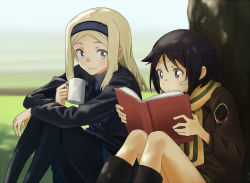 Rule 34 | 1girl, 2girls, against tree, aleksandra i. pokryshkin, bandage on face, bandages, black hair, black pantyhose, blonde hair, blue eyes, blue hairband, blue skirt, bomber jacket, book, brave witches, brown jacket, buttons, closed mouth, cup, eyebrows, grey eyes, hair between eyes, hairband, holding, holding book, holding mug, jacket, kanno naoe, long hair, long sleeves, looking at another, military, military uniform, miniskirt, mug, multiple girls, open book, outdoors, pantyhose, parted bangs, pleated skirt, reading, scarf, shiratama (hockey), short hair, sitting, skirt, smile, straight hair, tree, uniform, world witches series, yellow scarf