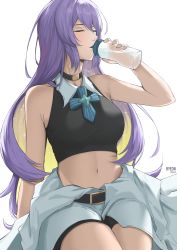 Rule 34 | 1girl, absurdres, bare shoulders, black shirt, bottle, breasts, byeon dha, choker, closed eyes, crop top, gradient hair, hair between eyes, highres, hololive, hololive indonesia, jacket, long hair, moona hoshinova, multicolored hair, navel, shirt, solo, thighhighs, virtual youtuber, water bottle