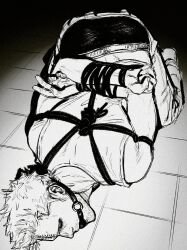 Rule 34 | 1boy, arms behind back, ass, ball gag, bara, bdsm, boku no hero academia, bondage, bound, bound arms, boxers, bubaigawara jin, foreshortening, gag, gagged, greyscale, highres, male focus, male underwear, mature male, monochrome, on floor, rope, short hair, smokerichi, solo, sparse stubble, tank top, toned, toned male, underwear