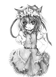 Rule 34 | 1girl, female focus, greyscale, hand on own hip, hip focus, kurona, looking at viewer, monochrome, open mouth, ribbon, shiki eiki, short hair, simple background, solo, touhou, white background