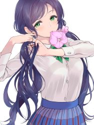 Rule 34 | 1girl, blue skirt, bow, bowtie, commentary request, dress shirt, eyeshadow, green bow, green bowtie, green eyes, hand in own hair, kate iwana, long hair, long sleeves, love live!, love live! school idol project, low twintails, makeup, mouth hold, otonokizaka school uniform, pink scrunchie, pleated skirt, purple hair, school uniform, scrunchie, shirt, simple background, skirt, solo, striped bow, striped bowtie, striped clothes, striped neckwear, tojo nozomi, twintails, tying hair, white background, white shirt