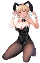 Rule 34 | 1girl, alternate costume, animal ears, bare shoulders, bikini, black bow, black bowtie, black leotard, black pantyhose, black ribbon, blonde hair, bow, bowtie, breasts, cleavage, detached collar, fake animal ears, feather hair ornament, feathers, full body, genshin impact, hair ornament, hand up, highres, holding ears, kneeling, leotard, looking at viewer, lumine (genshin impact), medium breasts, mori airi, no shoes, open mouth, pantyhose, playboy bunny, rabbit ears, ribbon, short hair with long locks, simple background, solo, strapless, strapless bikini, swimsuit, white background, wrist cuffs