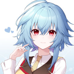 Rule 34 | 1girl, ahoge, blue background, blue hair, closed mouth, commentary request, gradient background, hair between eyes, heart, highres, infinite stratos, long sleeves, looking at viewer, medium hair, necktie, poinia, portrait, red eyes, sarashiki tatenashi, solo, upper body, yellow necktie