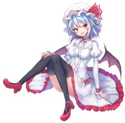 Rule 34 | 1girl, alternate costume, bat wings, black thighhighs, blue hair, breasts, commentary, dress, frills, full body, hat, hat ribbon, head tilt, highres, juliet sleeves, junior27016, knees up, long sleeves, looking at viewer, medium breasts, mob cap, neck ribbon, open mouth, pointy ears, puffy sleeves, red eyes, red footwear, red ribbon, remilia scarlet, ribbon, short hair, simple background, sitting, smile, solo, thighhighs, thighs, touhou, white background, white dress, white hat, wings
