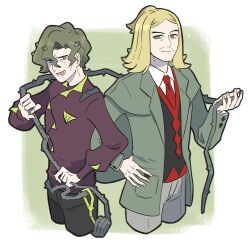 Rule 34 | 2boys, black vest, blonde hair, brassius (pokemon), bright pupils, buttons, closed mouth, collared shirt, commentary request, creatures (company), game freak, green hair, green jacket, grey eyes, hair between eyes, hand on own hip, hand up, hassel (pokemon), highres, holding, jacket, long sleeves, lower teeth only, male focus, multiple boys, nintendo, open mouth, pants, parted bangs, pokemon, pokemon sv, shirt, shiruku (gp oro8), short hair, short ponytail, smile, teeth, vest, whip, white pupils, white shirt
