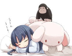 Rule 34 | 1girl, akatsuki (kancolle), blue hair, closed eyes, closed mouth, commentary, frown, kakizaki (chou neji), kantai collection, long hair, on bed, pajamas, simple background, sleeping, sleepwear, solo, stuffed animal, stuffed monkey, stuffed rabbit, stuffed toy, sweatdrop, translated, under covers, white background