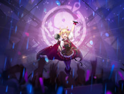 Rule 34 | 1girl, ahoge, animal ears, arknights, artist request, black gloves, blonde hair, blush, boots, breasts, cape, cat ears, chain, commentary request, dress, gloves, hair between eyes, hair ornament, heart, highres, holding, holding microphone stand, looking at viewer, medium breasts, medium hair, microphone, microphone stand, pink eyes, pink footwear, red cape, red dress, red ribbon, ribbon, short sleeves, solo focus, sora (arknights), thighhighs, twintails, white dress, white thighhighs
