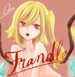 Rule 34 | 1girl, bad id, bad twitter id, blonde hair, breasts, censored, censored by text, character name, collarbone, convenient censoring, crystal, english text, engrish text, fangs, flandre scarlet, long hair, looking at viewer, nude, open mouth, ranguage, red background, red eyes, side ponytail, slit pupils, small breasts, solo, souta (karasu no ouchi), touhou, upper body, vampire, wings