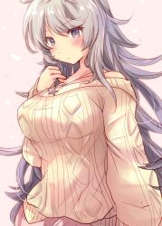 Rule 34 | 1girl, absurdres, bare shoulders, blush, breasts, from side, grey eyes, grey hair, highres, hirune (konekonelkk), jewelry, kantai collection, large breasts, long hair, looking at viewer, necklace, official alternate costume, ribbed sweater, solo, sweater, washington (kancolle)