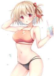 Rule 34 | 1girl, :o, absurdres, bare arms, black panties, blonde hair, blush, collarbone, cup, drinking straw, hair ribbon, highres, holding, holding cup, korie riko, looking at viewer, lycoris recoil, navel, nishikigi chisato, open mouth, panties, red eyes, red sports bra, ribbon, short hair, simple background, solo, sports bra, standing, thighs, underwear, water drop, white background