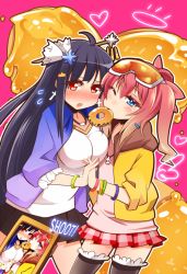 Rule 34 | 2girls, ahoge, blue hair, blush, bracelet, breast press, breasts, camera phone, cellphone, ditienan ddn, doughnut, earrings, eyewear on head, flying sweatdrops, food, gradient hair, hair bun, hair ornament, hairclip, halo, heart, holding hands, interlocked fingers, jewelry, large breasts, light brown hair, long hair, mouth hold, multicolored hair, multiple girls, necklace, one eye closed, open mouth, original, pendant, phone, pink hair, pleated skirt, red eyes, single hair bun, skirt, sunglasses, symmetrical hand pose, syrup, thighhighs, wink