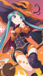 Rule 34 | 1girl, bare shoulders, black footwear, black leotard, black sleeves, blue eyes, boots, breasts, broom, closed mouth, commentary request, detached sleeves, green hair, halloween, hat, hatsune miku, highres, juliet sleeves, leotard, long hair, long sleeves, looking at viewer, miu (angelo whitechoc), orange hat, print thighhighs, puffy sleeves, purple thighhighs, single thighhigh, small breasts, smile, solo, sparkle, spider web print, swept bangs, thighhighs, twintails, very long hair, vocaloid, wide sleeves, witch hat