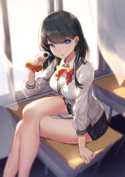 Rule 34 | 10s, 1girl, arm support, backlighting, bison cangshu, black hair, black skirt, blue eyes, bow, bowtie, breasts, buttons, cardigan, collared shirt, crossed legs, curtains, day, desk, earphones, gridman universe, hand up, highres, indoors, long hair, long sleeves, looking at viewer, medium breasts, miniskirt, orange scrunchie, parted lips, pleated skirt, red bow, red bowtie, revision, school desk, school uniform, scrunchie, shirt, sitting, skirt, solo, ssss.gridman, takarada rikka, thighs, white cardigan, white shirt, window, wrist scrunchie