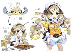 Rule 34 | &gt;:d, 1girl, animal ears, bell, bike shorts, bird, black dress, black footwear, bow, curled horns, dress, egg, evolution, finger painting, fur trim, green eyes, hair bow, hairband, handa roco, hatching, highres, horns, idolmaster, idolmaster million live!, level up, light brown hair, looking at viewer, maid headdress, multiple views, paint can, paint on clothes, paint on fingers, paint splatter, paint splatter on face, paintbrush, polka dot, polka dot bow, sheep ears, sheep girl, short dress, simple background, smirk, spawnfoxy, twintails, v-shaped eyebrows, white background, wrist cuffs