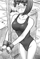 Rule 34 | 1girl, absurdres, air bubble, asphyxiation, blush, breasts, bubble, collarbone, covered erect nipples, cuffed, dated, drowning, greyscale, highres, looking up, medium breasts, monochrome, one-piece swimsuit, open mouth, original, pole, saver (artbysaver), short hair, swimsuit, underwater, wrist cuffs