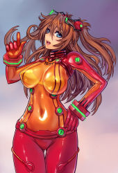 Rule 34 | 00s, 1girl, alternate breast size, bad id, bad pixiv id, blue eyes, bodysuit, breasts, brown hair, cameltoe, chikokuma, covered erect nipples, covered navel, curvy, evangelion: 2.0 you can (not) advance, gradient background, hair ornament, hand on own hip, hip focus, large breasts, long hair, matching hair/eyes, multicolored clothes, neon genesis evangelion, open mouth, orange hair, plugsuit, pointing, rebuild of evangelion, red bodysuit, see-through, see-through bodysuit, shiny clothes, solo, souryuu asuka langley, test plugsuit, thigh gap, thighs, twintails, very long hair, wide hips