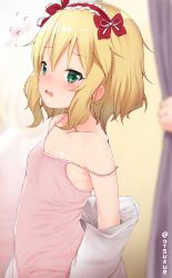 Rule 34 | 1girl, bare shoulders, blonde hair, blurry, blush, commentary request, curtain grab, curtains, depth of field, dx (dekusu), embarrassed, flat chest, flying sweatdrops, frilled hairband, frills, from side, green eyes, hairband, highres, idolmaster, idolmaster cinderella girls, looking at viewer, open mouth, red hairband, ribbon, sakurai momoka, shirt, short hair, solo focus, spaghetti strap, standing, strap slip, sweatdrop, twitter username, undressing, upper body, white ribbon, white shirt
