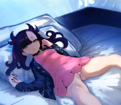 Rule 34 | 1girl, absurdres, asymmetrical bangs, bed sheet, black choker, black hair, black jacket, choker, closed mouth, commentary request, creatures (company), dress, game freak, ginji74, green eyes, hair ribbon, highres, jacket, long sleeves, looking at viewer, lying, marnie (pokemon), nintendo, on back, on bed, panties, pillow, pink dress, pokemon, pokemon swsh, red ribbon, ribbon, short hair, solo, thighs, underwear, white panties