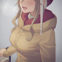 Rule 34 | 1girl, beanie, blurry, blush, breast focus, breasts, breath, brown hair, brown jacket, buttons, commentary request, depth of field, fang, grey background, hat, head out of frame, hood, hood down, hooded jacket, inuyama aoi, jacket, large breasts, mikazuchi zeus, open mouth, sidelocks, simple background, skin fang, solo, tight clothes, yurucamp