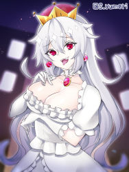 Rule 34 | 1girl, :d, breasts, colored skin, crown, dress, fang, gloves, hair between eyes, large breasts, long hair, looking at viewer, luigi&#039;s mansion, mario (series), new super mario bros. u deluxe, nintendo, open mouth, princess king boo, red eyes, satou yumeri, silver hair, smile, solo, super crown, teeth, tongue, tongue out, twitter username, very long hair, white dress, white gloves, white skin, white theme