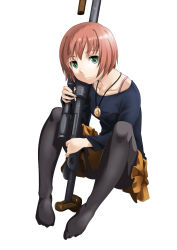 Rule 34 | 00s, 1girl, anti-materiel rifle, bad id, bad pixiv id, bolt action, darker than black, feet, green eyes, gun, jewelry, long hair, necklace, pantyhose, ptrd-41, red hair, rifle, sankuro (agoitei), sitting, skirt, sniper rifle, solo, suou pavlichenko, weapon