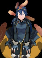 Rule 34 | 1girl, 6+boys, blue eyes, blue hair, cape, disembodied penis, fingerless gloves, fire emblem, fire emblem awakening, gloves, highres, kneeling, long hair, looking at viewer, lucina (fire emblem), matching hair/eyes, multiple boys, nintendo, penis, penis on head, polyle, sad, shoulder pads, surrounded by penises, thighhighs, tiara, uncensored