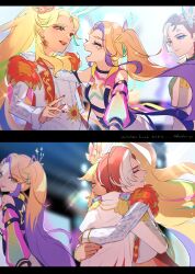 Rule 34 | 3girls, :d, blonde hair, closed eyes, closed mouth, commentary request, crop top, earrings, epaulettes, highres, hug, imminent hug, jacket, jennifer sumire sol, jewelry, ko (kochan pr), long hair, long sleeves, looking at another, looking back, multicolored hair, multiple girls, multiple views, nail polish, open mouth, orange hair, pretty series, purple eyes, purple hair, red eyes, red hair, shirt, short hair, side ponytail, smile, streaked hair, sumeragi amane (pretty series), sumeragi amane (pretty series) (primagista), sun symbol, upper body, very long hair, waccha primagi!, white jacket, white shirt, yayoi hina, yayoi hina (primagista)