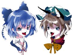 Rule 34 | 2girls, animal ears, blue eyes, blue hair, brown hair, cat ears, chen, cirno, earrings, face, fangs, hair ribbon, hat, ikurauni, image sample, jewelry, looking at viewer, mob cap, multiple girls, ribbon, short hair, simple background, single earring, smile, tongue, tongue out, touhou, turtleneck, white background