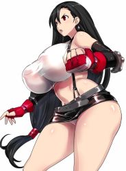 Rule 34 | 1990s (style), 1girl, 774 (nanashi), bare shoulders, belt, black hair, breasts, cowboy shot, earrings, final fantasy, final fantasy vii, fingerless gloves, gloves, huge breasts, impossible clothes, jewelry, jpeg artifacts, long hair, low-tied long hair, microskirt, midriff, navel, no bra, panties, pantyshot, red eyes, red gloves, retro artstyle, simple background, skirt, solo, standing, suspender skirt, suspenders, thick thighs, thighs, tifa lockhart, underwear, very long hair, white background, white panties