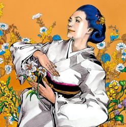 Rule 34 | 1girl, album cover, araki hirohiko, blue hair, bug, cover, flower, bug, ishikawa sayuri, japanese clothes, jojo no kimyou na bouken, killer queen, kimono, ladybug, mole, official art, solo