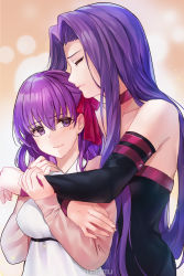 Rule 34 | 2girls, arms around neck, artist name, bare shoulders, black detached sleeves, black dress, blurry, blurry background, blush, breasts, choker, closed eyes, closed mouth, collarbone, commentary request, couple, detached sleeves, dress, fate/stay night, fate (series), female focus, forehead, hair between eyes, hair ribbon, hands up, height difference, highres, hug, hug from behind, long hair, long sleeves, looking at another, looking back, matou sakura, medium breasts, medusa (fate), medusa (rider) (fate), multicolored clothes, multicolored dress, multiple girls, neck, no blindfold, official alternate costume, parted bangs, pink choker, pink ribbon, profile, purple eyes, purple hair, ribbon, sleeves past wrists, smile, straight hair, strapless, strapless dress, type-moon, upper body, v-neck, very long hair, white dress, wumumu, yuri