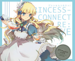 Rule 34 | 1girl, blonde hair, blue eyes, blunt bangs, copyright name, cup, english text, maid, outside border, pointy ears, princess connect!, saren (princess connect!), shadowsinking, solo, teacup