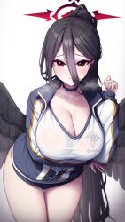 Rule 34 | 1girl, absurdres, black buruma, black hair, black wings, blue archive, blush, breasts, buruma, cleavage, closed mouth, collarbone, cowboy shot, feathered wings, gym shirt, gym uniform, halo, hasumi (blue archive), hasumi (track) (blue archive), highres, huge breasts, jacket, long hair, long sleeves, metaljelly, mole, mole under eye, official alternate costume, red eyes, red halo, shirt, solo, track jacket, very long hair, white shirt, wings