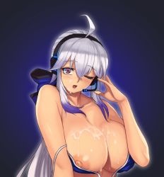 Rule 34 | 1girl, ahoge, bare shoulders, bikini, blue bikini, blush, bow, breasts, cleavage, collarbone, cum, cum on body, cum on upper body, facial, hair bow, hand up, headset, large breasts, long hair, looking at viewer, nipples, one eye closed, open mouth, revision, silver hair, simple background, solo, strap slip, swimsuit, unknown showhey, vocaloid, yowane haku