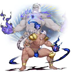 Rule 34 | 1boy, abs, alca (wakatanka4), alca the lion, animal ears, armor, bara, bracelet, chain, chest hair, chest tattoo, covering privates, covering crotch, facial hair, furry, furry male, gyee, itto (mentaiko), jewelry, large pectorals, lion boy, lion ears, lion tail, male focus, multiple rings, muscular, muscular male, navel, nipple piercing, nipples, official art, pauldrons, pectorals, piercing, ring, short hair, shoulder armor, simple background, smile, solo, tail, tattoo, teeth, thick thighs, thighs, white background, white hair