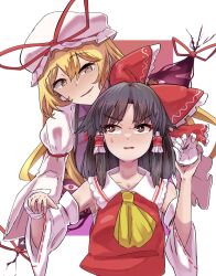 Rule 34 | 2girls, ascot, blonde hair, bow, breasts, brown eyes, collared shirt, dress, elbow gloves, frilled bow, frilled hair tubes, frilled shirt collar, frills, gap (touhou), gloves, hair tubes, hakurei reimu, hat, hat bow, hat ribbon, highres, holding another&#039;s wrist, juliet sleeves, long hair, long sleeves, mob cap, multiple girls, open mouth, puffy sleeves, purple tabard, red ribbon, red shirt, ribbon, shirt, sidelocks, sleeveless, sleeveless shirt, small breasts, sweatdrop, tabard, touhou, very long hair, white background, white dress, white gloves, white headwear, white sleeves, wide sleeves, yakumo yukari, yellow ascot, yellow ribbon, yet you