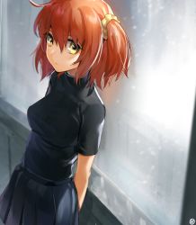Rule 34 | 1girl, absurdres, alternate costume, arms behind back, bad id, bad twitter id, black skirt, fate/grand order, fate (series), fujimaru ritsuka (female), hair ornament, hair scrunchie, hieung, highres, leaning back, looking at viewer, orange hair, pleated skirt, scrunchie, side ponytail, skirt, solo, window, yellow eyes