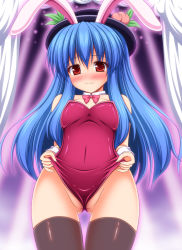 Rule 34 | 1girl, adjusting clothes, adjusting leotard, animal ears, blue hair, bow, bowtie, rabbit ears, playboy bunny, curtains, detached collar, female focus, food, from below, frontal wedgie, fruit, hat, hinanawi tenshi, leotard, md5 mismatch, nagana sayui, peach, red eyes, red leotard, solo, thighhighs, touhou, wrist cuffs