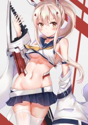 Rule 34 | 1girl, ascot, ayanami (azur lane), azur lane, belt, blue skirt, breasts, choker, collarbone, commentary request, detached sleeves, grey background, groin, hair between eyes, hair ornament, hairclip, headgear, highres, holding, holding sword, holding weapon, long hair, long sleeves, looking at viewer, midriff, navel, orange eyes, pleated skirt, ponytail, retrofit (azur lane), ribbon-trimmed sleeves, ribbon trim, school uniform, serafuku, sidelocks, silver hair, simple background, skirt, solo, sword, tanuki 2333, thighhighs, underboob, weapon, white thighhighs, wide sleeves, zettai ryouiki