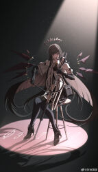 Rule 34 | 1girl, absurdly long hair, absurdres, antenna hair, arknights, artist name, ascot, belt, belt buckle, belt pouch, black ascot, black belt, black bustier, black footwear, black garter straps, black gloves, black hair, black halo, black pouch, black skirt, black thighhighs, black wings, blunt bangs, bow (music), breasts, bright pupils, broken halo, buckle, bustier, cello, chinese commentary, chinese text, closed mouth, collared jacket, colored inner hair, commentary request, dark halo, detached wings, dress shirt, drop shadow, energy wings, eyelashes, floating hair, from side, full body, garter straps, gloves, gradient background, grey background, grey eyes, grey hair, grey shirt, halo, hands up, head tilt, high heels, highres, hime cut, holding, holding bow (music), holding instrument, holding violin, instrument, invisible floor, jacket, layered sleeves, legs, legs together, light particles, light smile, lips, long hair, long sleeves, looking at viewer, looking to the side, miniskirt, multicolored hair, music, on stool, pale skin, playing, playing instrument, pleated skirt, pouch, shade, shadow, shirt, short over long sleeves, short sleeved jacket, short sleeves, sidelocks, sitting, skirt, small breasts, solo, spotlight, stool, straight hair, strappy heels, thighhighs, two-tone hair, very long hair, violin, virtuosa (arknights), watermark, weibo 7626794166, weibo logo, weibo username, white belt, white jacket, white pupils, wide sleeves, wing collar, wings, wooden stool, zettai ryouiki